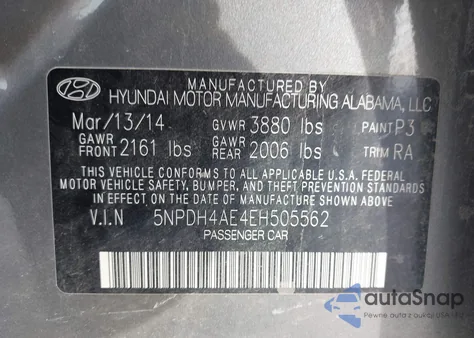 2014 Hyundai Elantra Se z USA, uszkodzony, nr VIN 5NPDH4AE4EH505562
